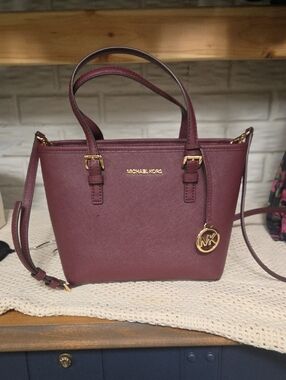 Michael Kors Wine Saffiano Leather Satchel with Gold Hardware